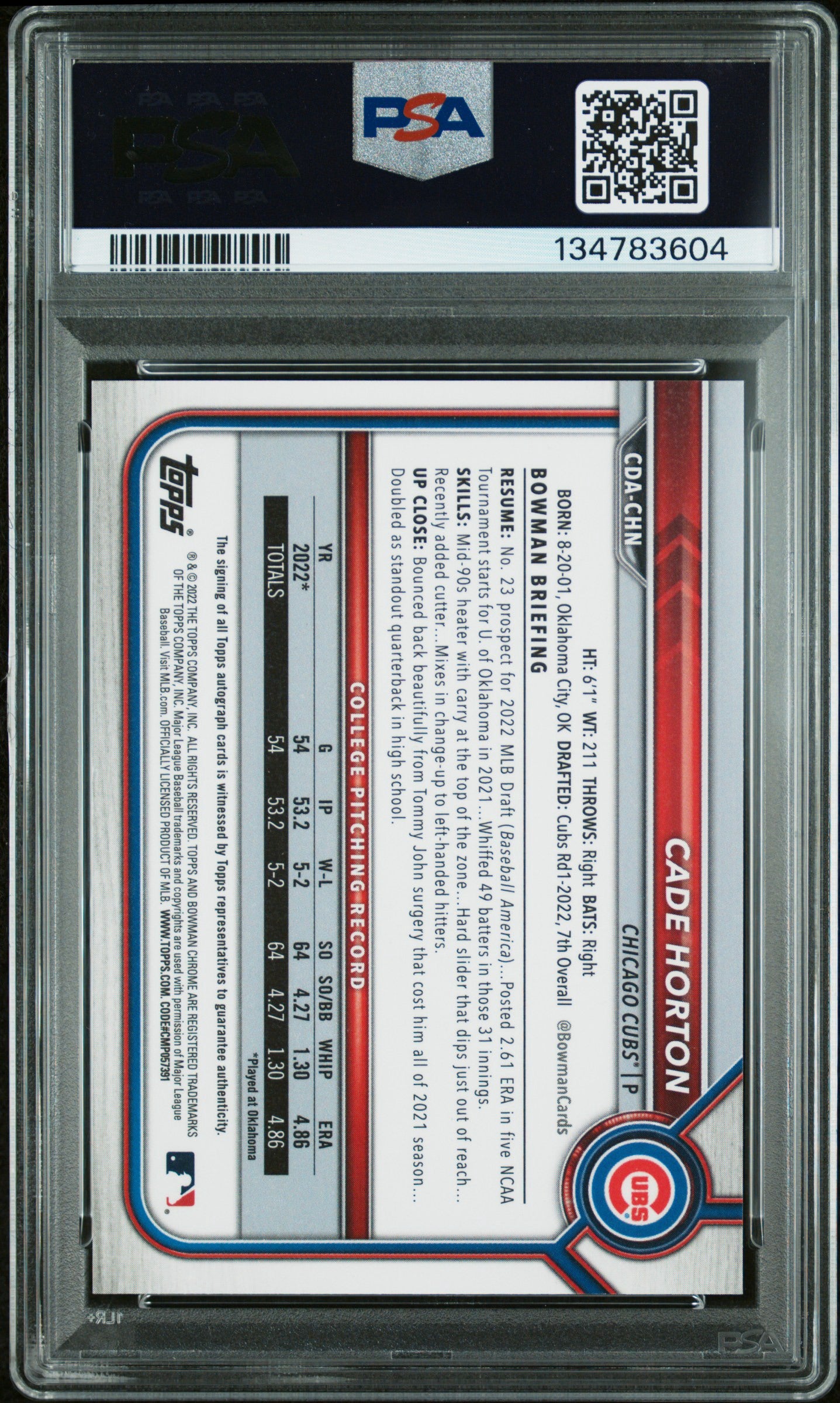 2022 Bowman Draft #CDACHN Cade Horton Chrome Draft Pick Auto PSA 8 Auto 10