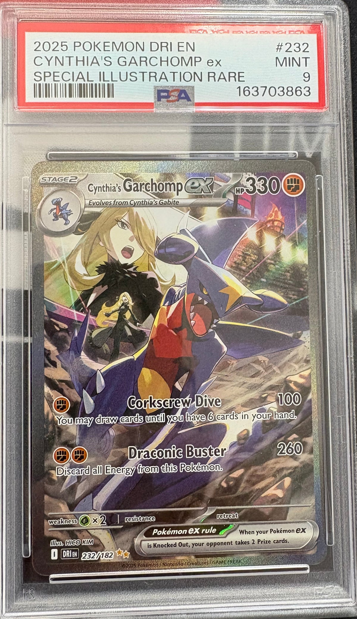 2025 Pokemon Cynthia’s Garchomp EX SIR DRI PSA 9