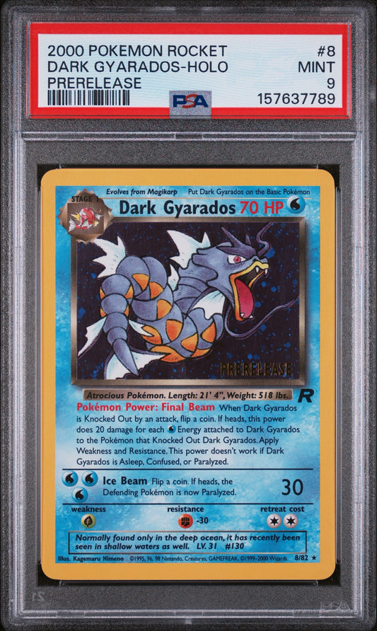 2000 Pokemon Team Rocket Dark-Gyarados-Holo Prerelease PSA 9