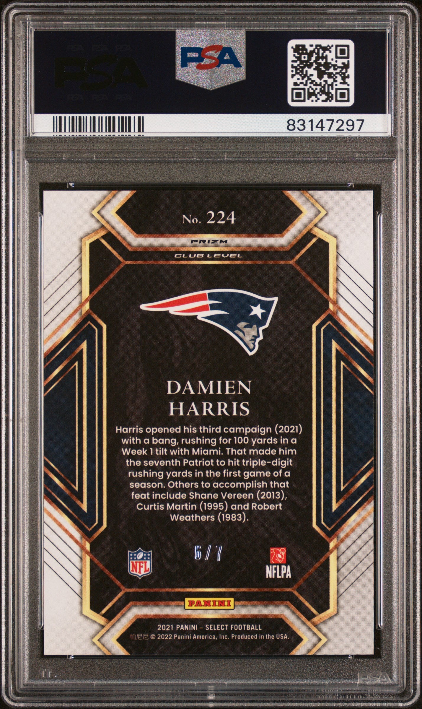 2021 Panini Select #224 Damien Harris Neon Orange Pulsar Prizm #'d /7 PSA 10