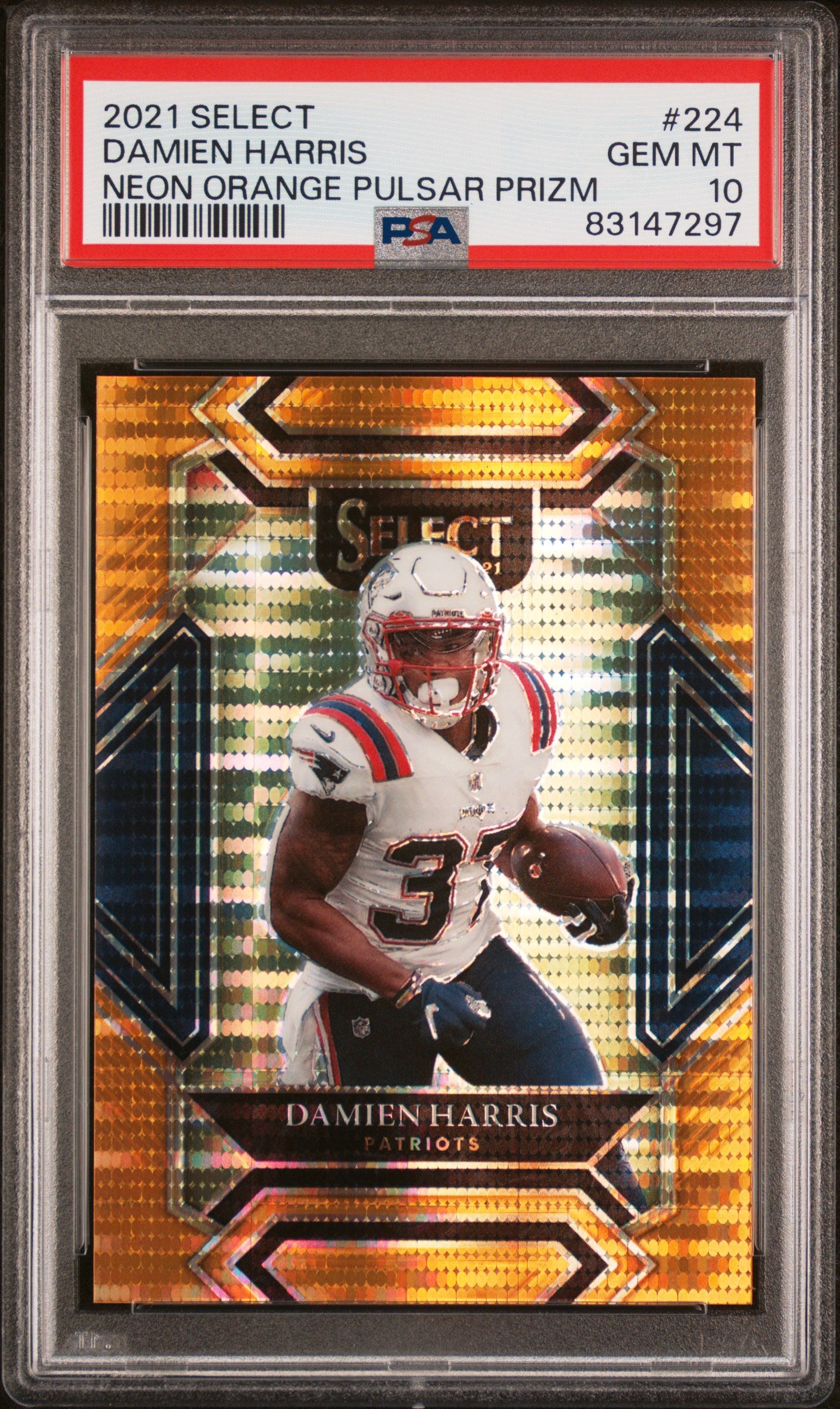 2021 Panini Select #224 Damien Harris Neon Orange Pulsar Prizm #'d /7 PSA 10