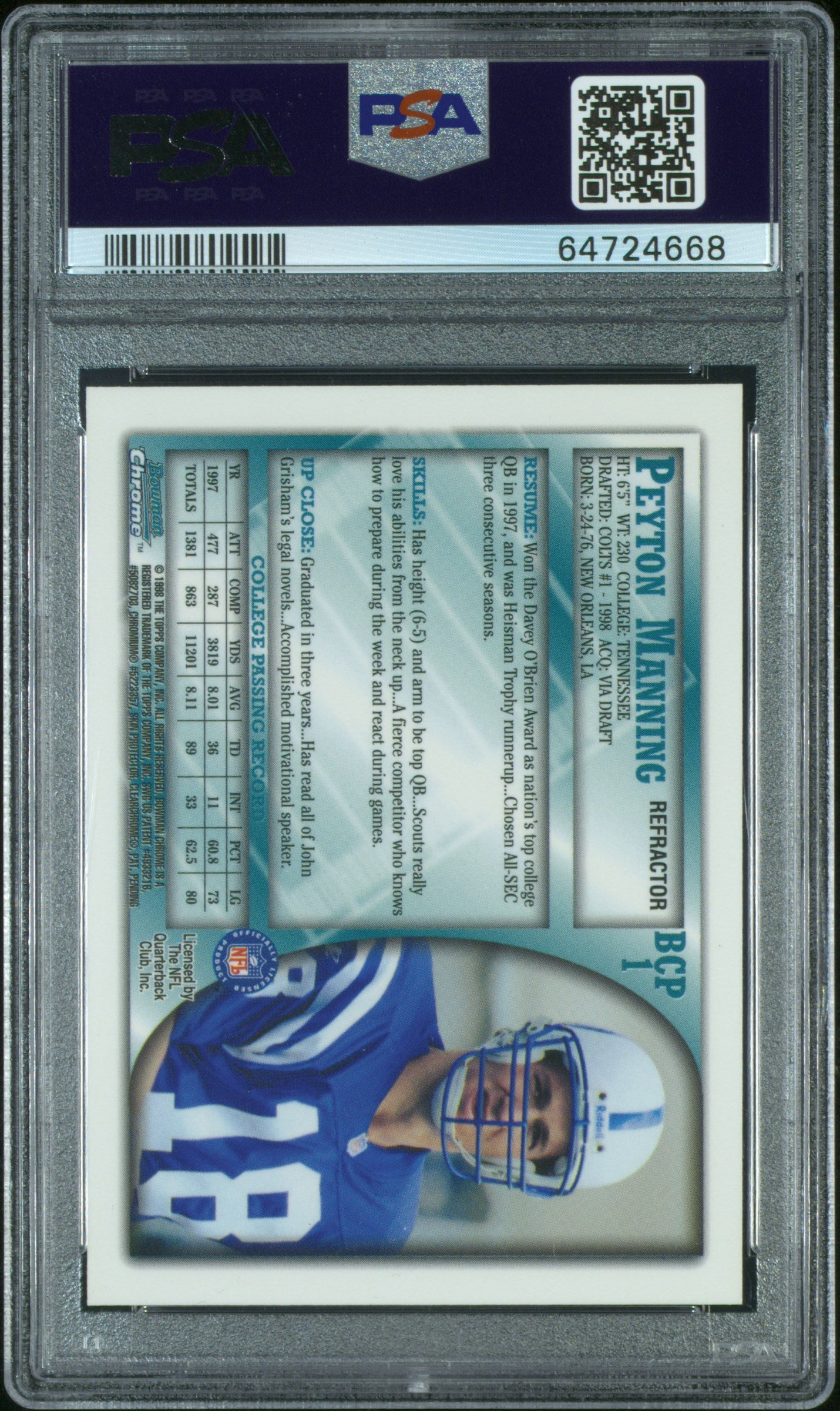 1998 Bowman Chrome Preview #BCP1 Peyton Manning Refractor RC PSA 8 NM-MT