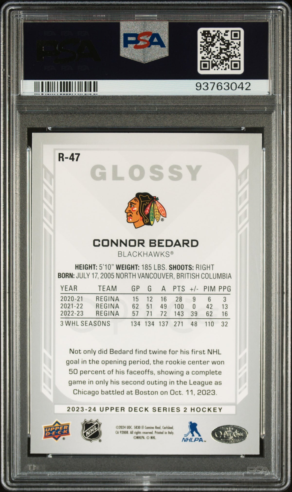 2023 Upper Deck OPC Glossy Connor Bedard RC PSA 9