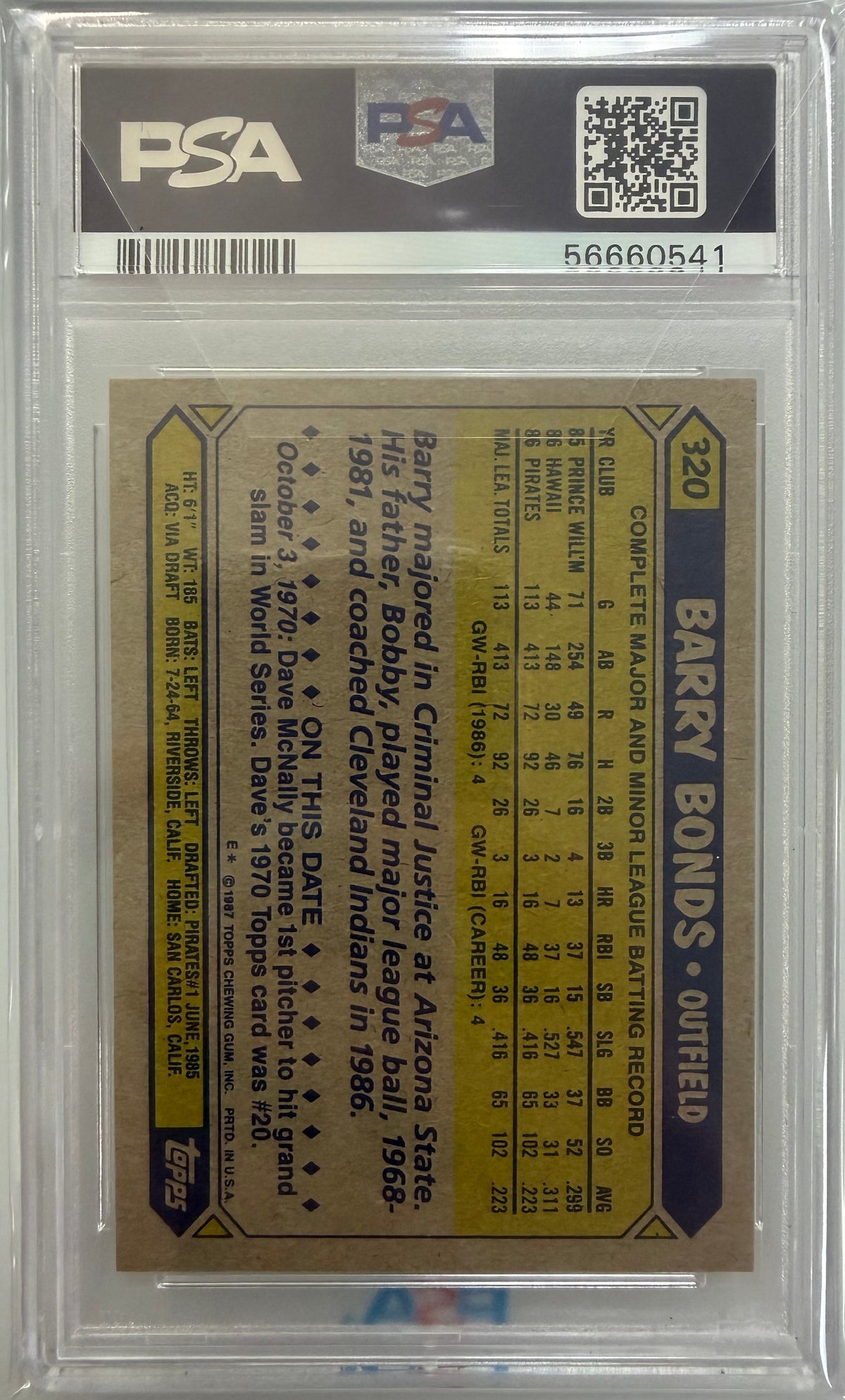 1987 Topps #320 Barry Bonds PSA 9