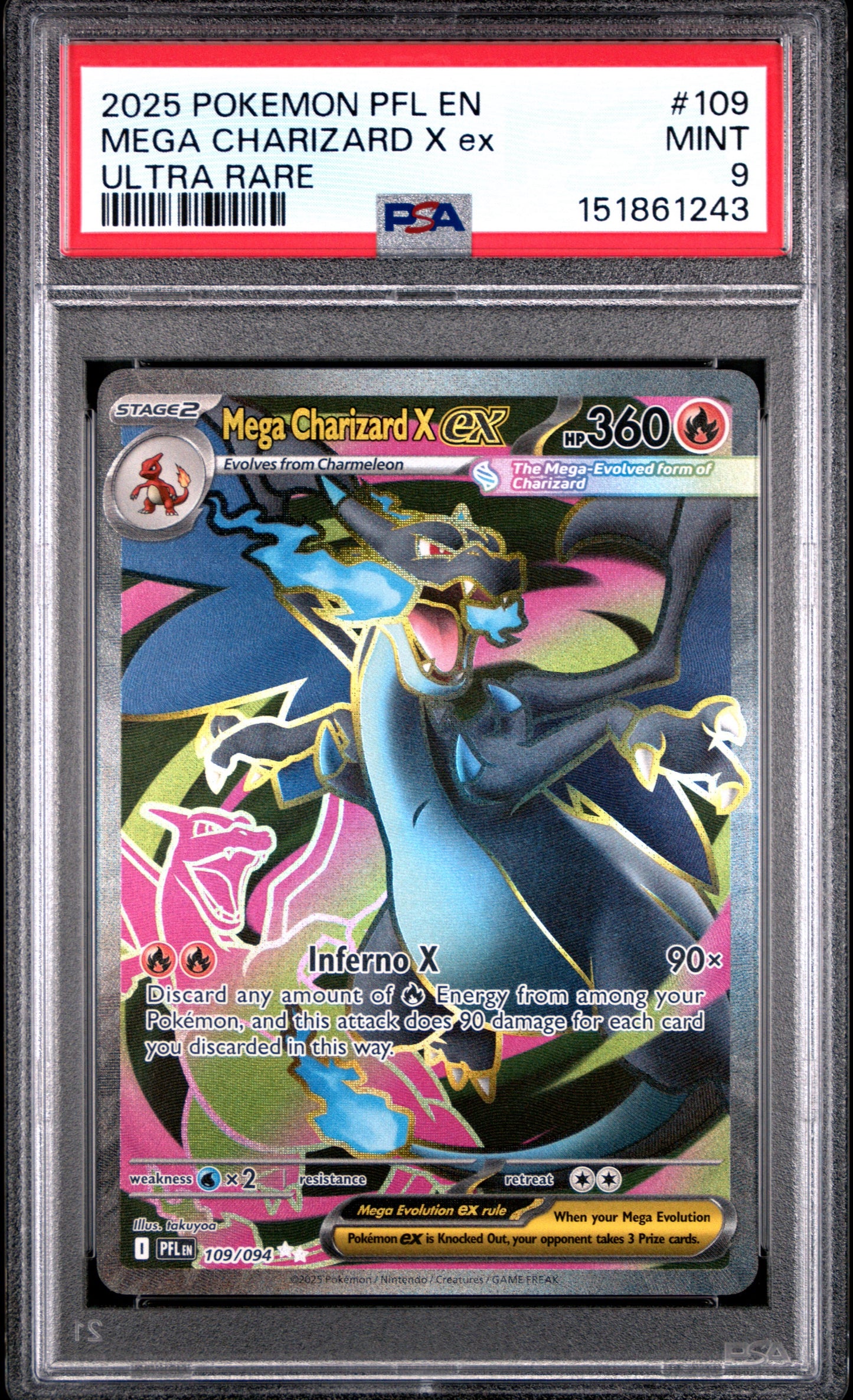 2025 Pokemon PFL EN #109 Mega Charizard X EX Ultra Rare PSA 9