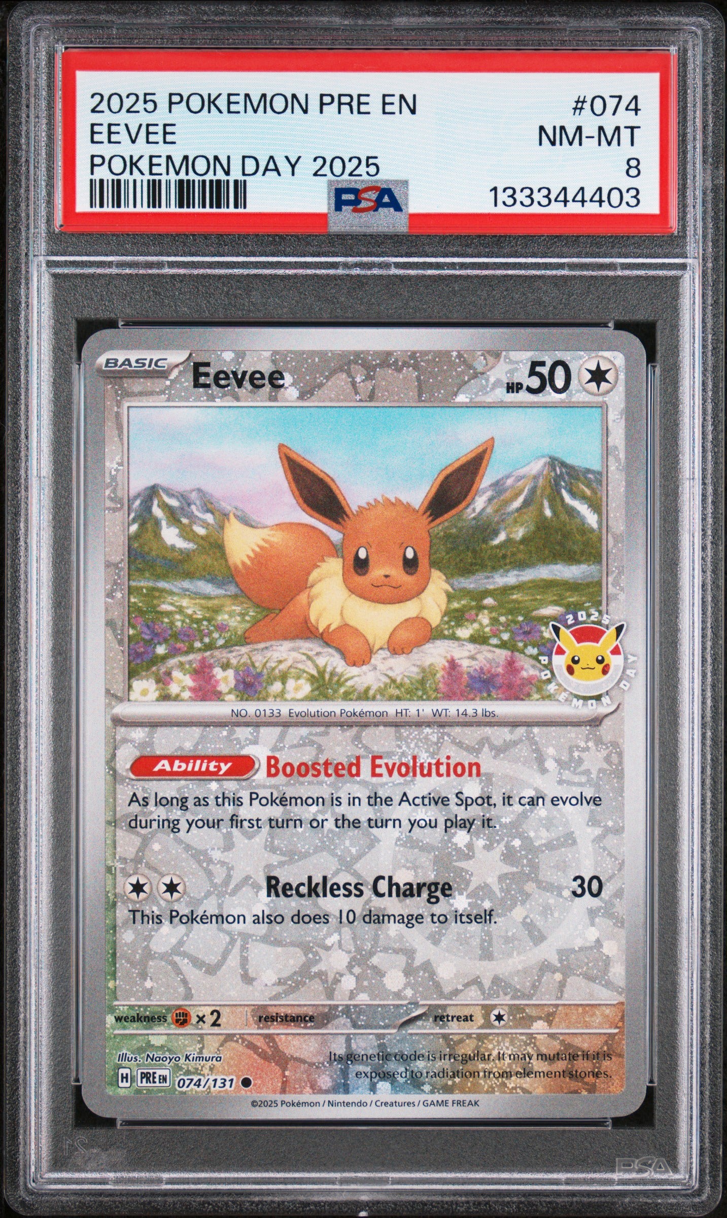 2025 Pokemon PRE EN #074 Eevee Pokemon Day 2025 PSA 8