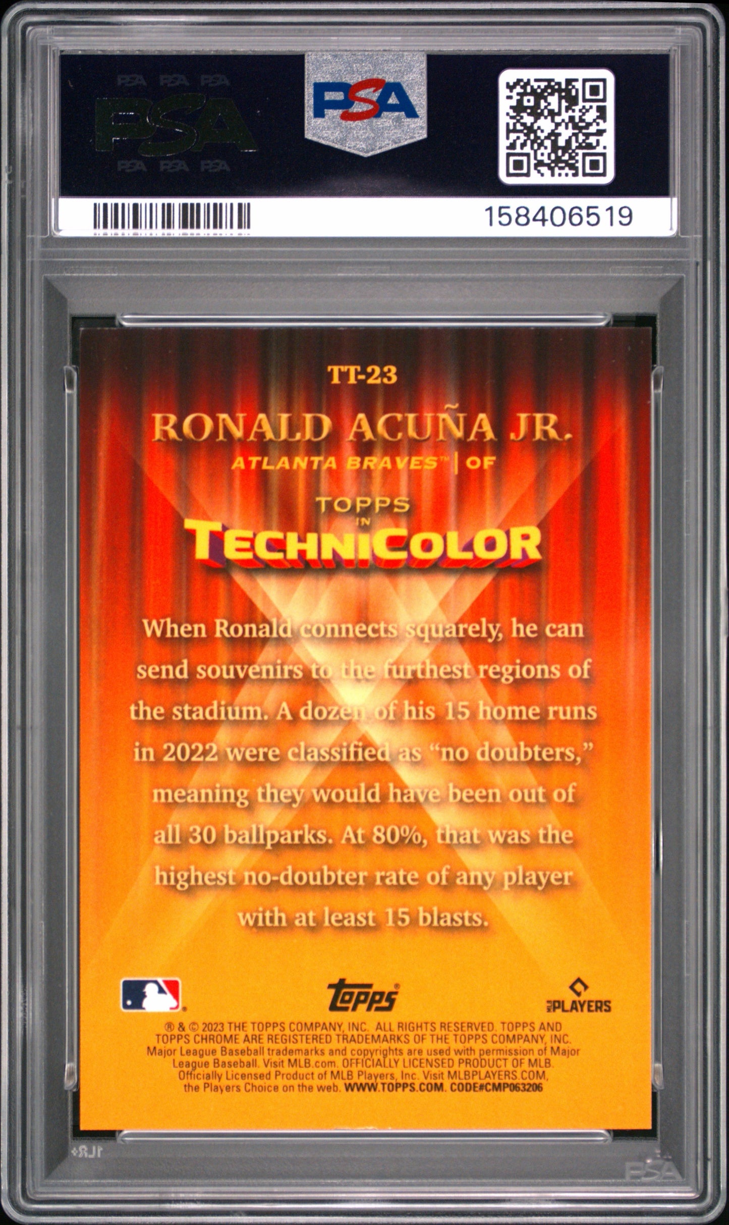 2023 Topps Chrome #TT23 Ronald Acuna Jr Topps In Technicolor Green Refractor PSA 10