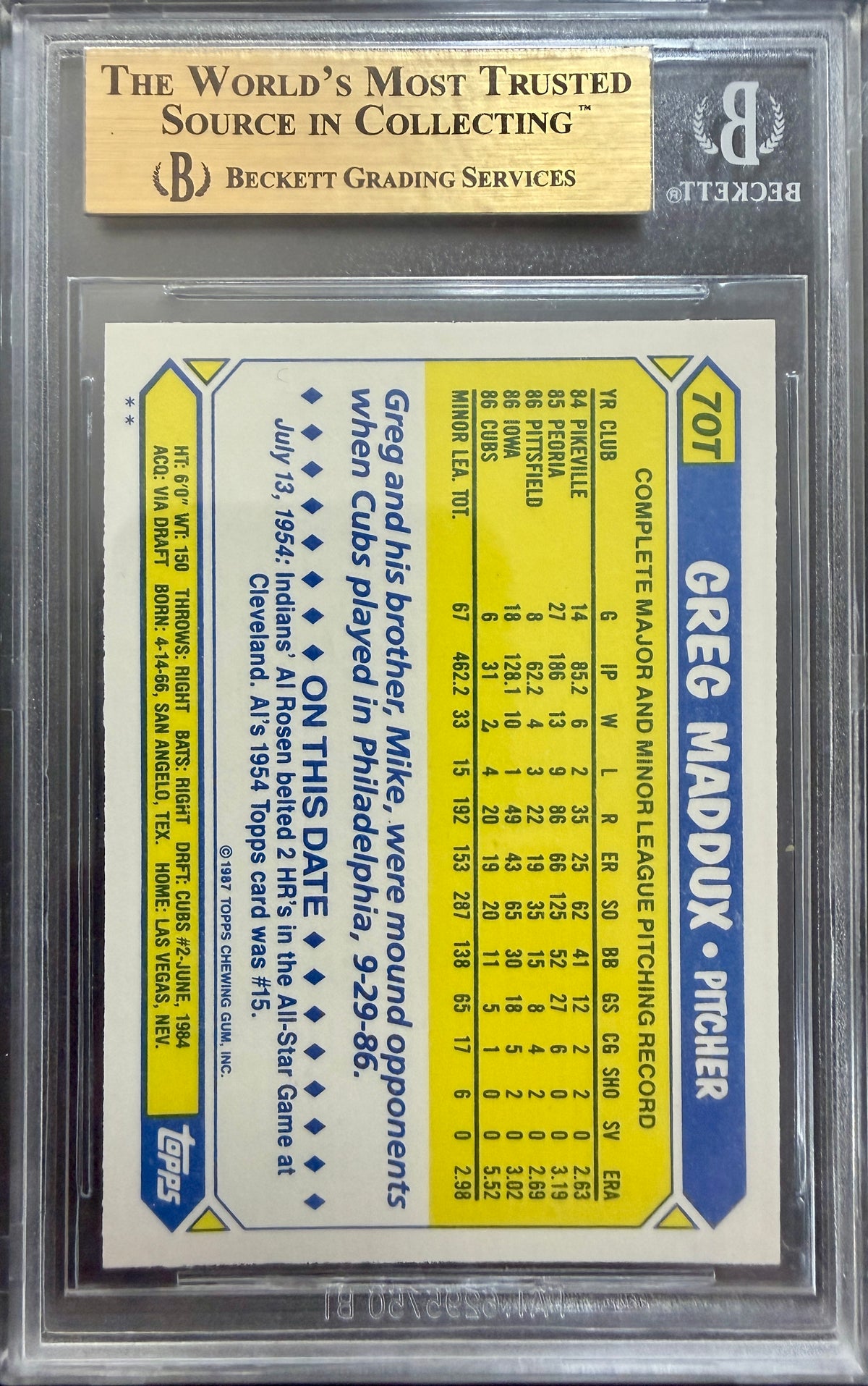 1987 Topps Traded #70T Greg Maddux RC BGS 9.5