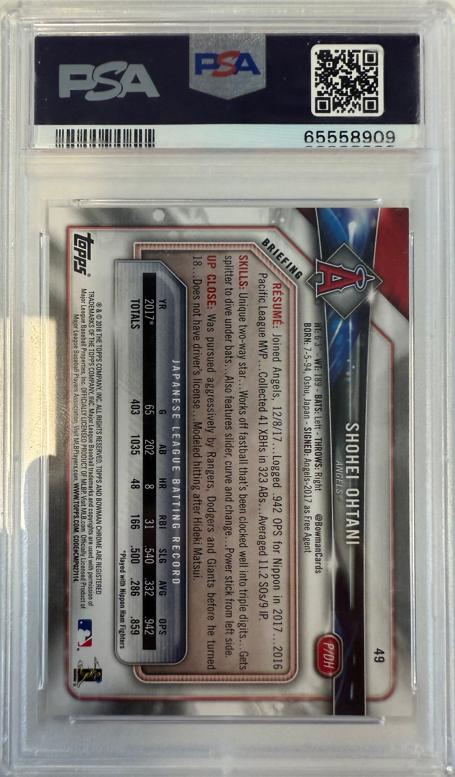 2018 Bowman #49 Shohei Ohtani RC PSA 9