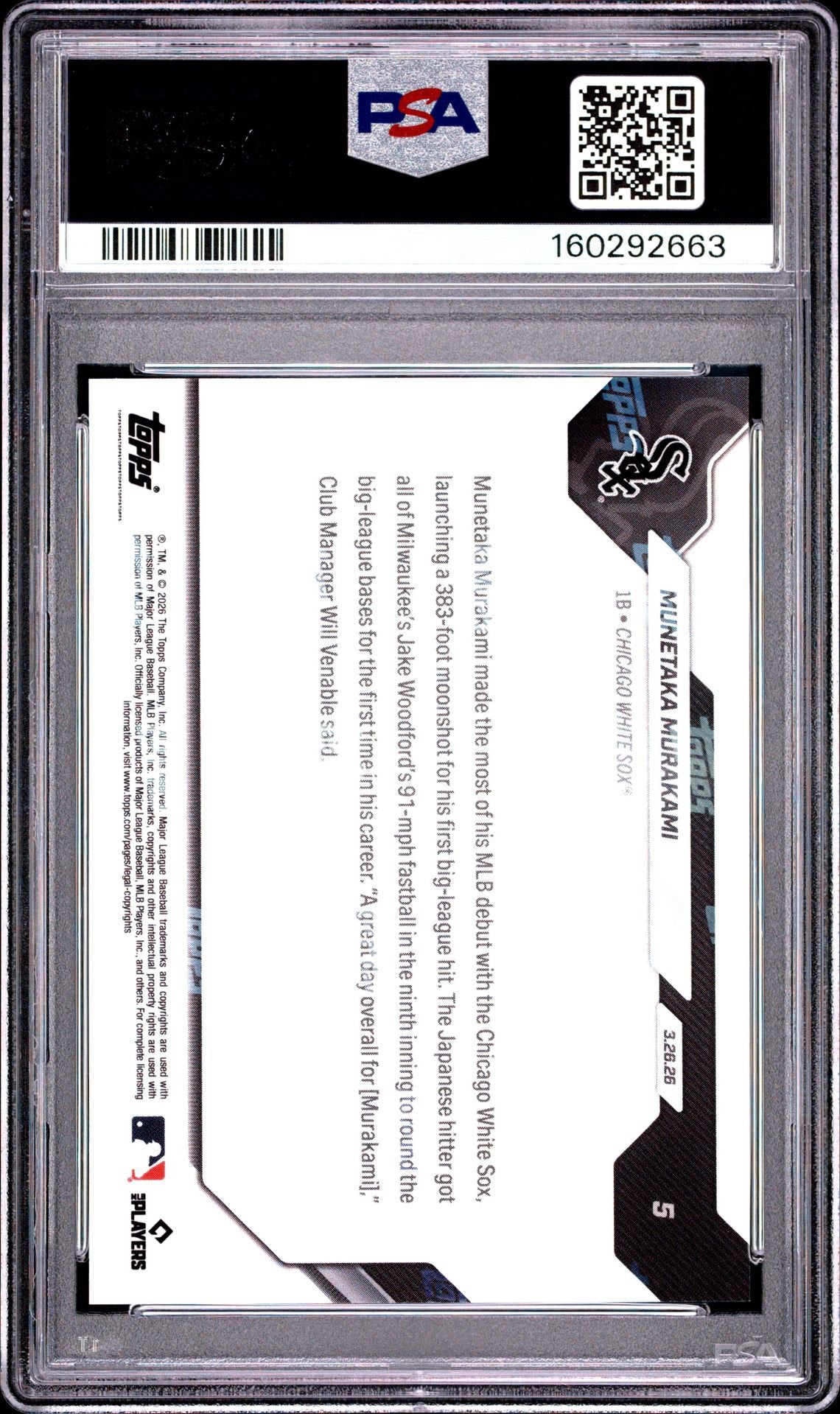 2026 Topps Now #5 Munetaka Murakami RC PSA 10 (2663)