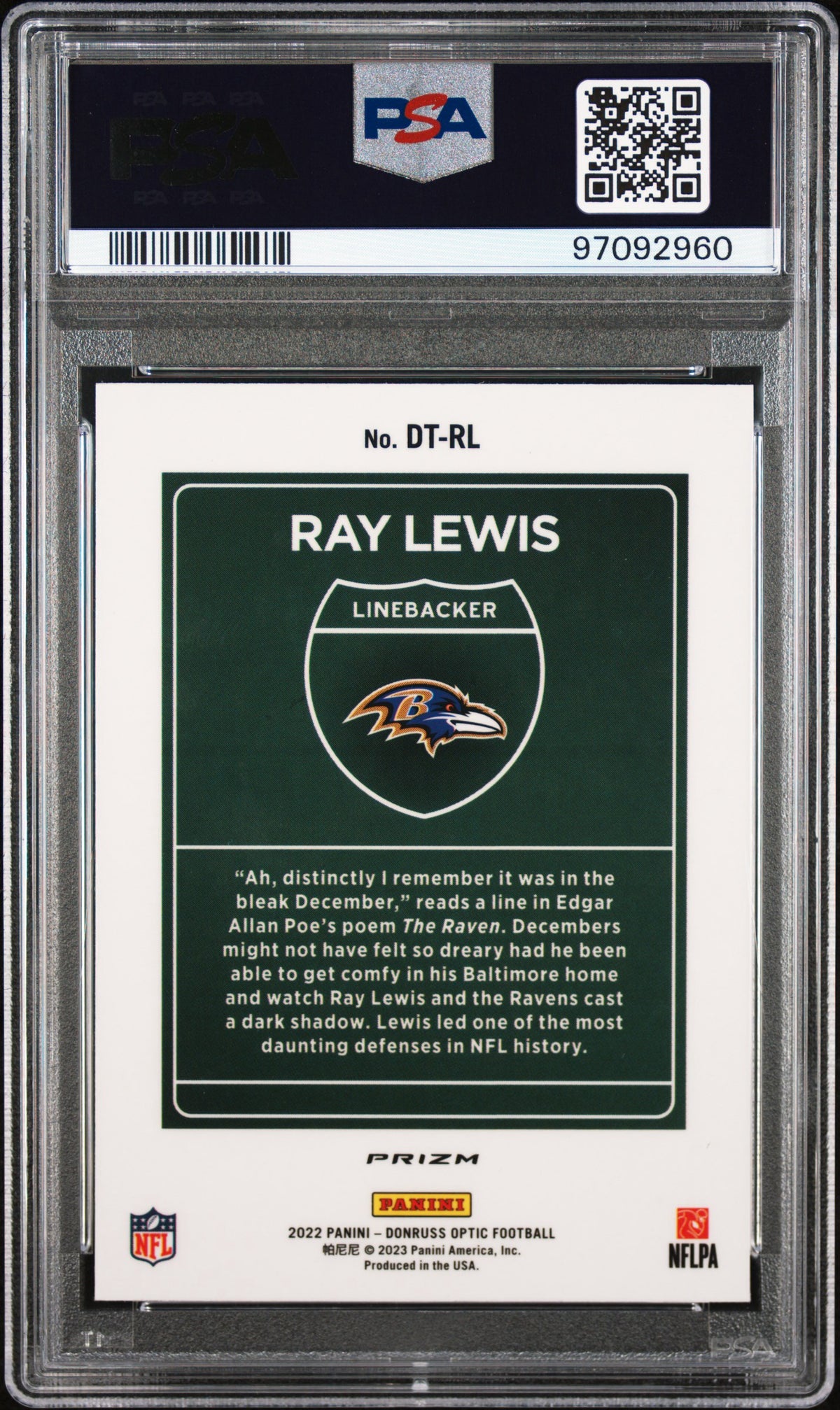 2022 Donruss Optic Downtown #DTRL Ray Lewis PSA 9
