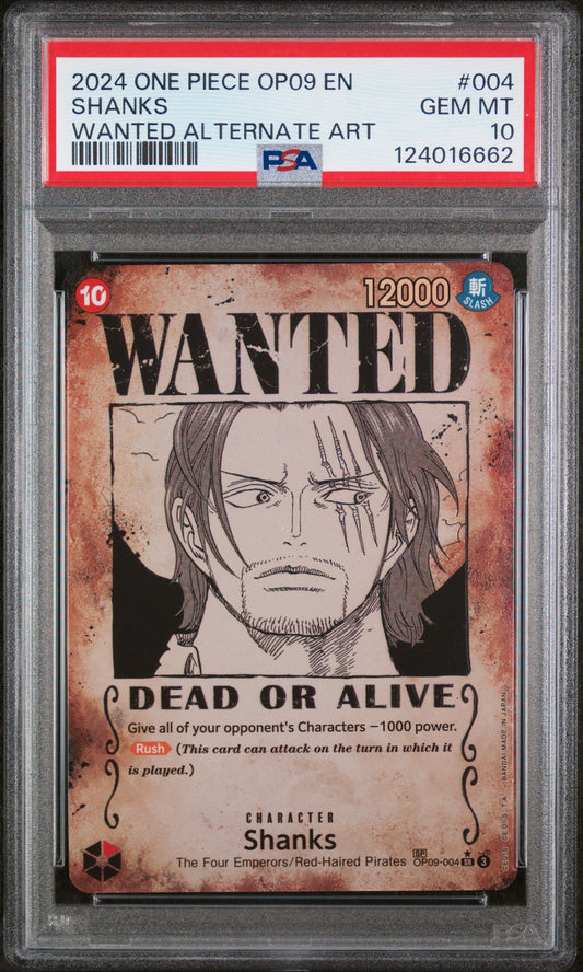 2024 One Piece OP09 EN Shanks Wanted Alternate Art PSA 10